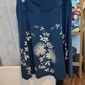 Talbots Teal A-Line Skirt with Cream Floral Embroidery Design Size 14
